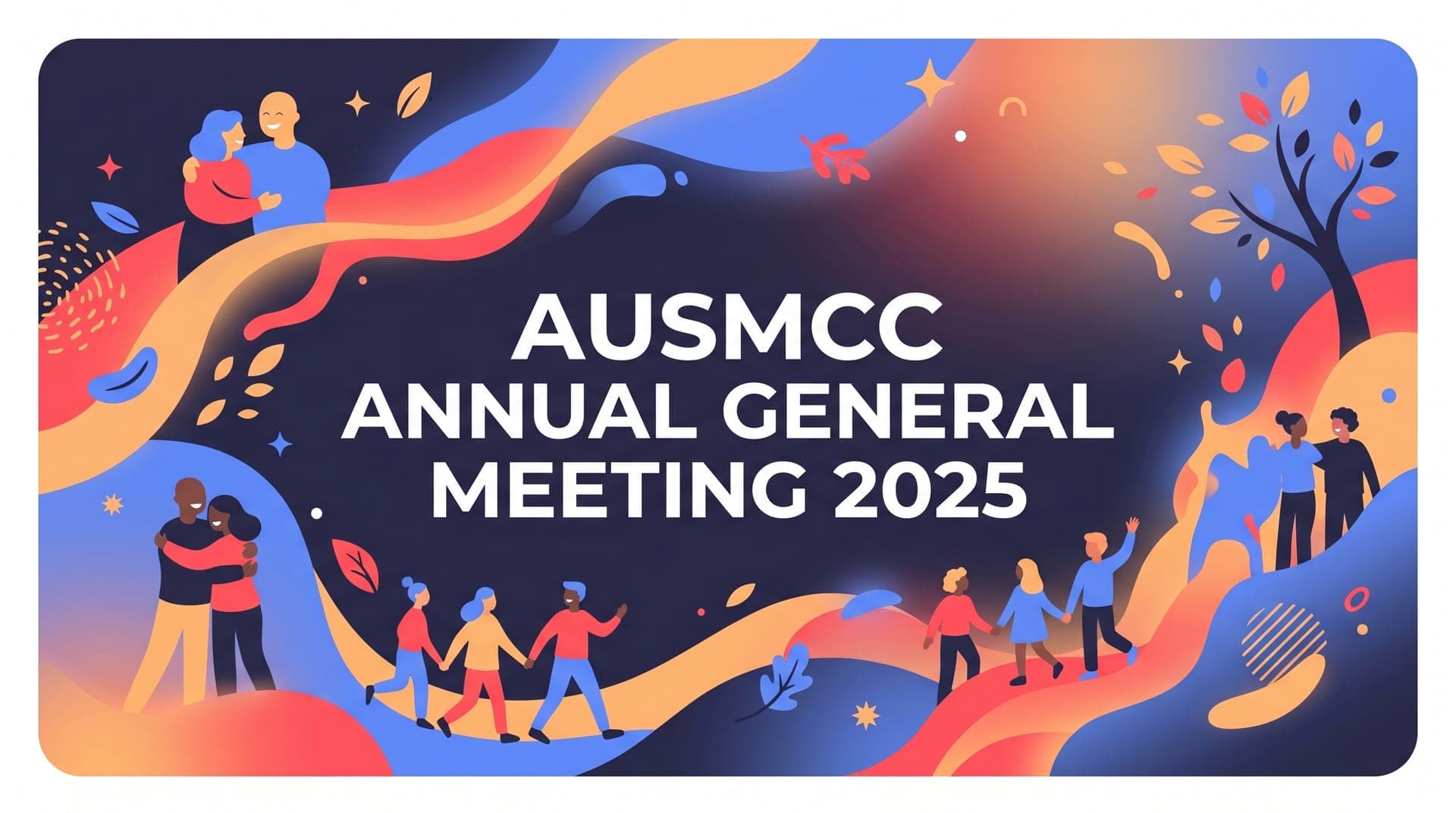 Event flyer for the AUSMCC 2025 AGM, featuring wavy background patterns, colorful corner circles, icons of a "MEETING" sign and chat bubbles, and the Australian Multicultural Community Center logo.
