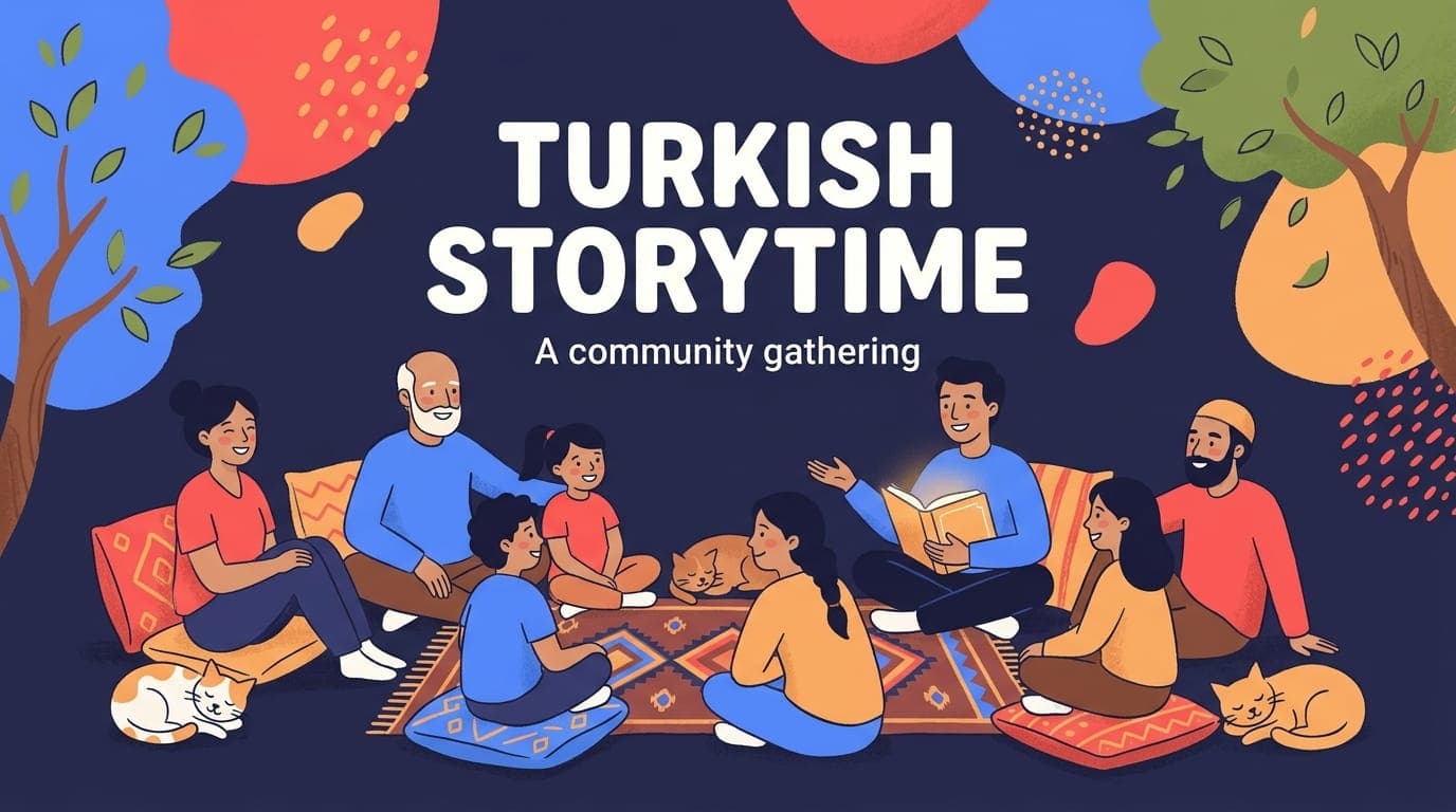 Flyer for Turkish Multicultural Storytime for kids and families, featuring icons of books, diverse hands, and children, with details for date, time, and location.